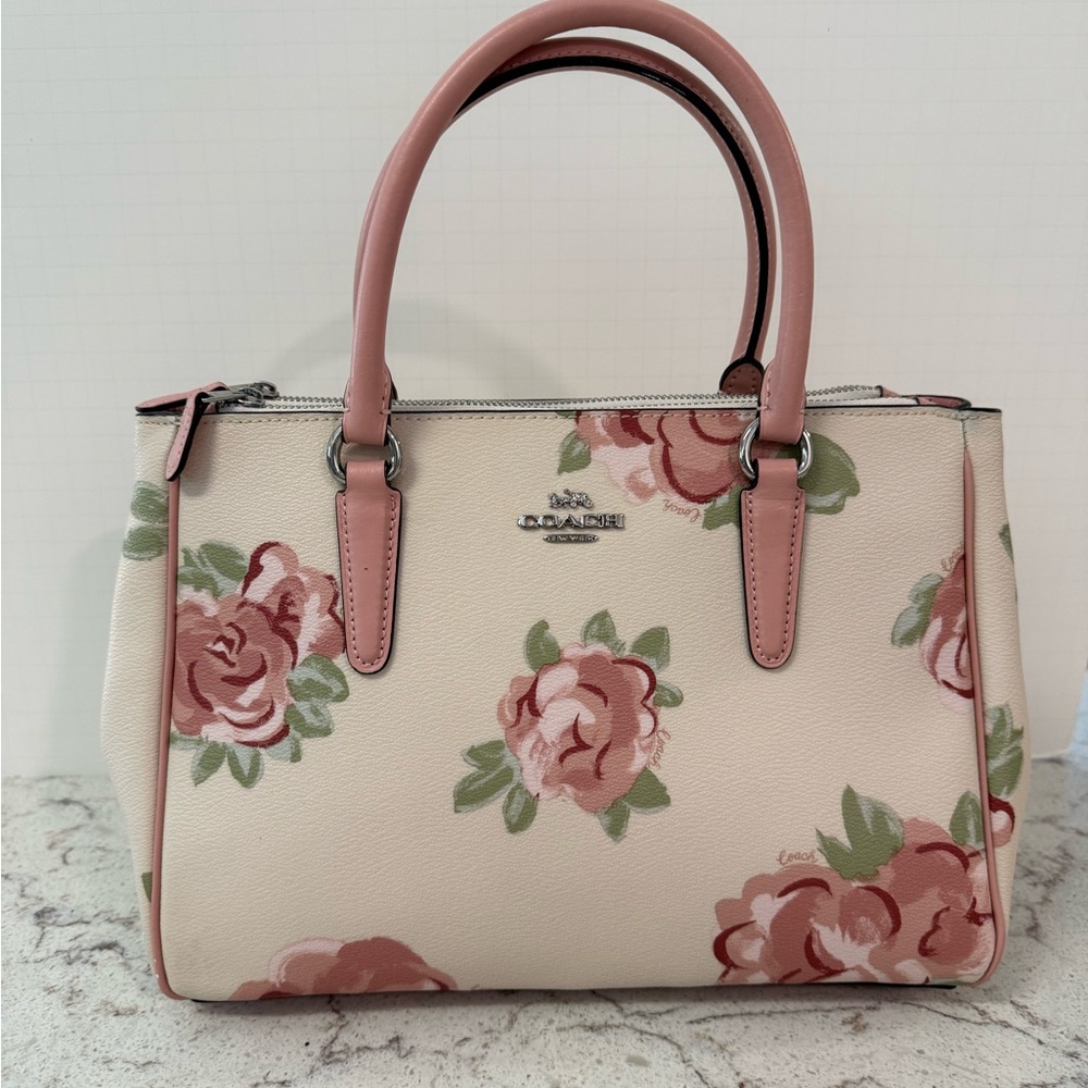 Coach Rose Print Satchel - Cream and Pink